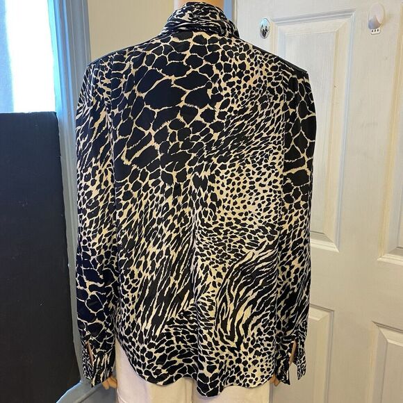 VTG 80s JORDAN WOMAN BUTTON UP SHIRT SIZE 9/10 BLACK WITH LEOPARD PRINT SILKY - Picture 9 of 11